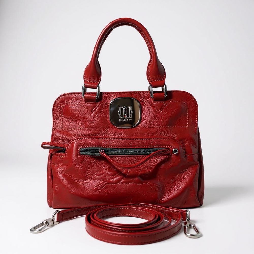 Longchamp Red Satchel with Structured Design and Silver Hardware